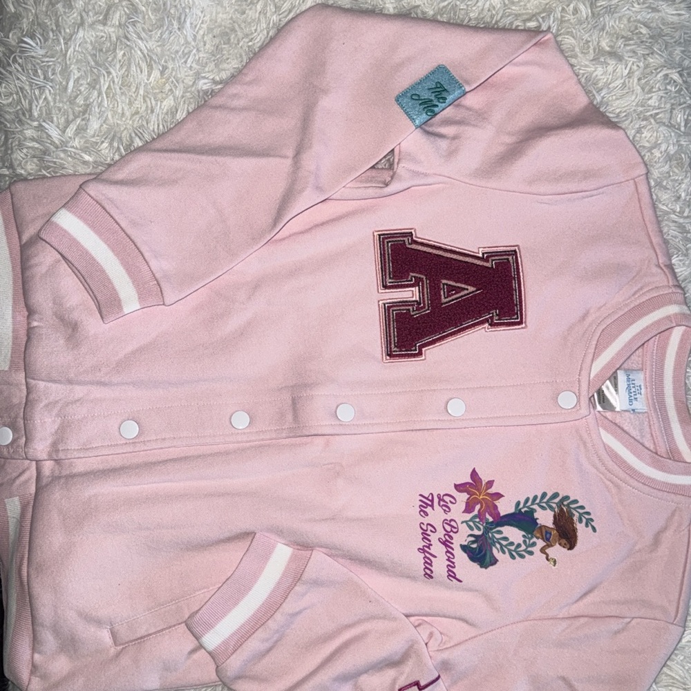 Disney Little Mermaid Pink Varsity Jacket with Embroidered Details